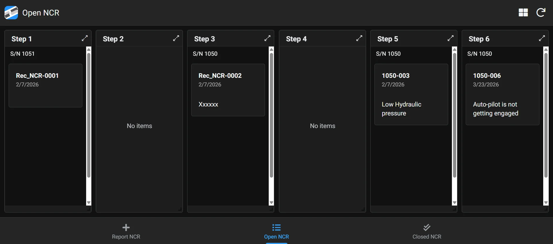 Non-Conformance Reports (NCR) — ShopTrack MRS feature screenshot